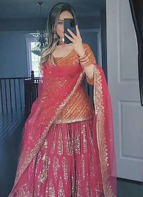 orange and pink faux georgette embroidered lehenga choli stitched 1