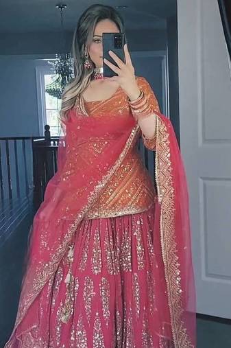 orange and pink faux georgette embroidered lehenga choli stitched