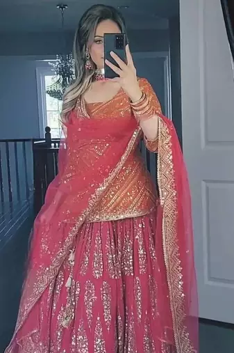 orange and pink faux georgette embroidered lehenga choli stitched