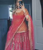 orange and pink faux georgette embroidered lehenga choli stitched