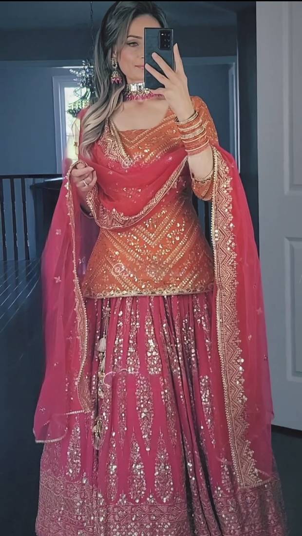 orange and pink faux georgette embroidered lehenga choli stitched