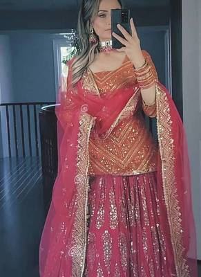 orange and pink faux georgette embroidered lehenga choli stitched 3