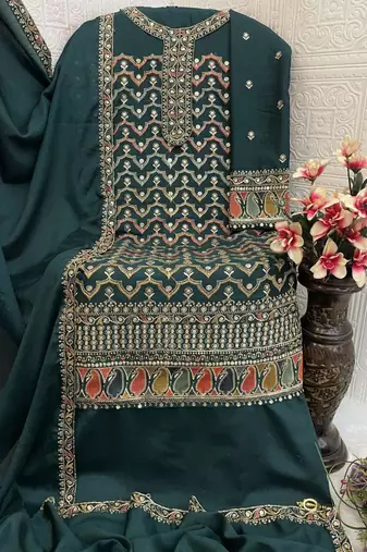 Dark-green silk blend embroidered palazzo set