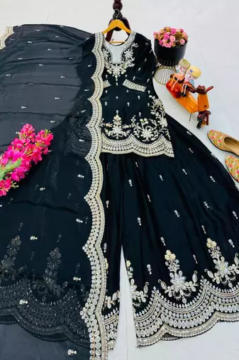 Black satin embroidered sharara set