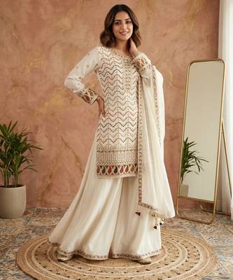 White silk blend embroidered palazzo set 1