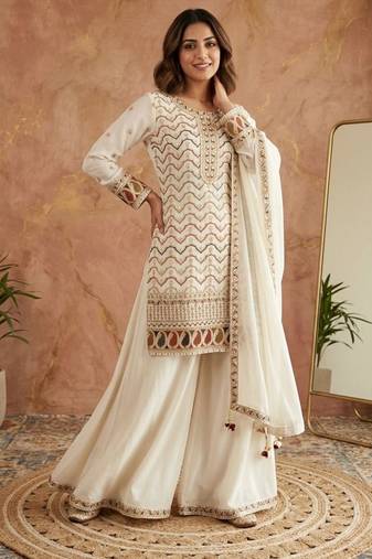 White silk blend embroidered palazzo set