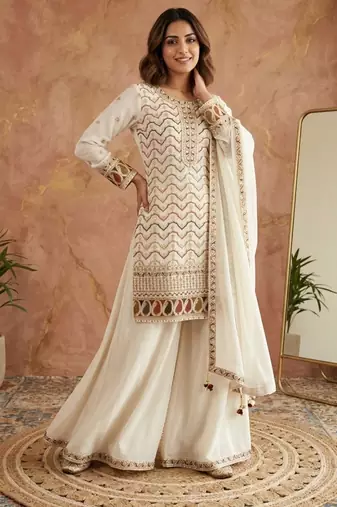 White silk blend embroidered palazzo set