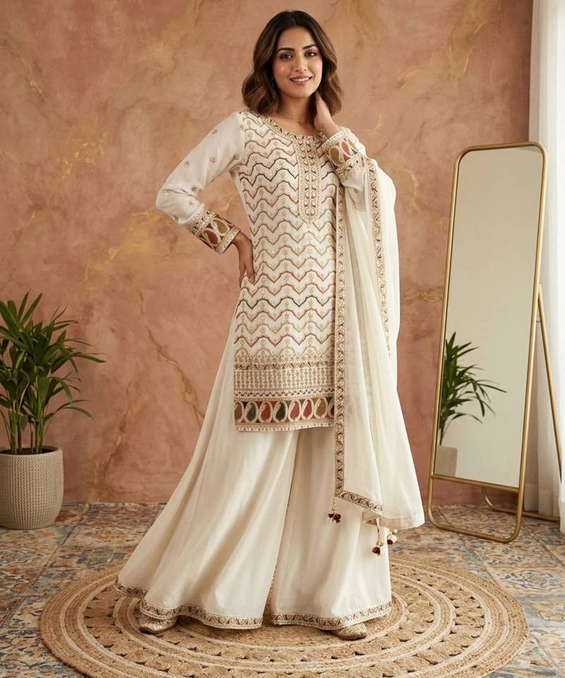 White silk blend embroidered palazzo set