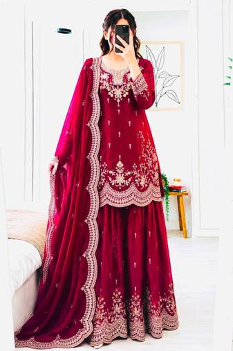 Red satin embroidered sharara set