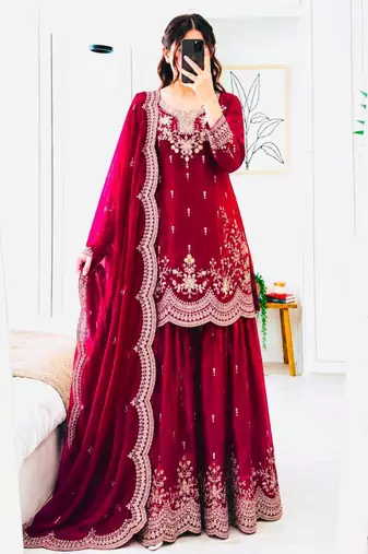 Red satin embroidered sharara set