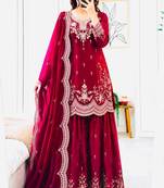 Red satin embroidered sharara set