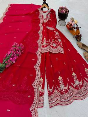 Red satin embroidered sharara set 2