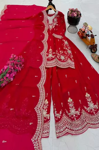 Red satin embroidered sharara set