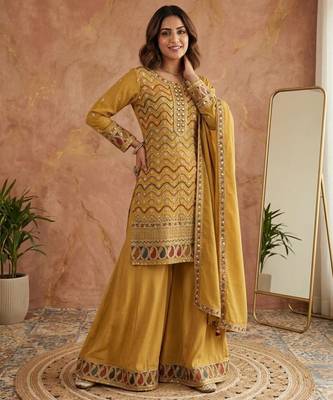Dark-yellow silk blend embroidered palazzo set 1
