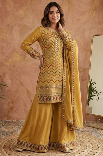 Dark-yellow silk blend embroidered palazzo set