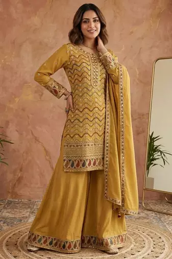 Dark-yellow silk blend embroidered palazzo set