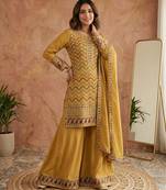 Dark-yellow silk blend embroidered palazzo set