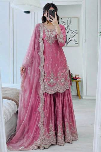 Pink satin embroidered sharara set