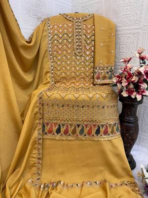 Dark-yellow silk blend embroidered palazzo set 2