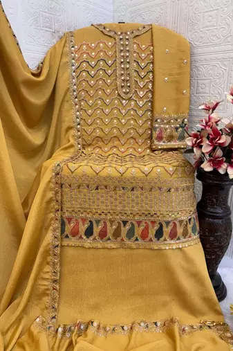 Dark-yellow silk blend embroidered palazzo set
