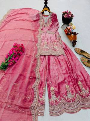 Pink satin embroidered sharara set 2