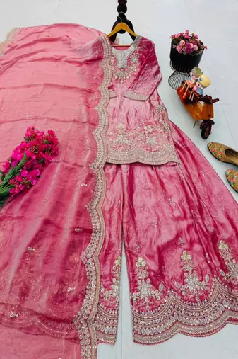 Pink satin embroidered sharara set