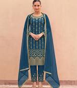 Teal-blue silk blend embroidered kurta set