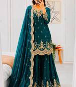 Teal satin embroidered sharara set