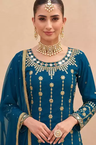 Teal-blue silk blend embroidered kurta set