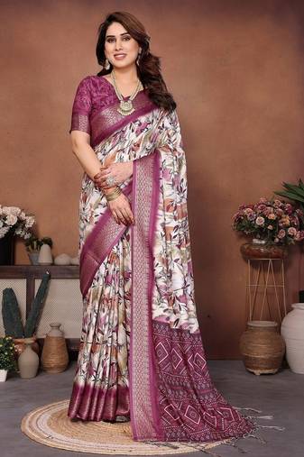wine digital print work cotton blend saree