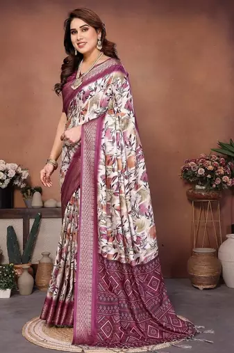 wine digital print work cotton blend saree