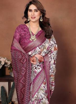 wine color digital print work cotton blend saree 4