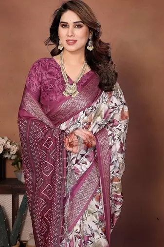 wine digital print work cotton blend saree