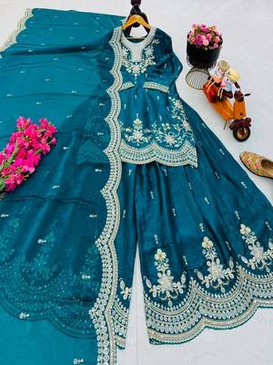 Teal satin embroidered sharara set 2