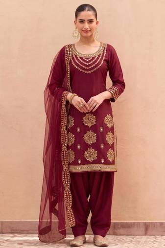 Red silk blend embroidered farshi salwar set