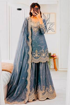 Grey satin embroidered sharara set 1