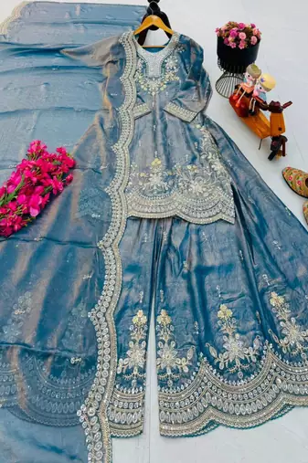 Grey satin embroidered sharara set