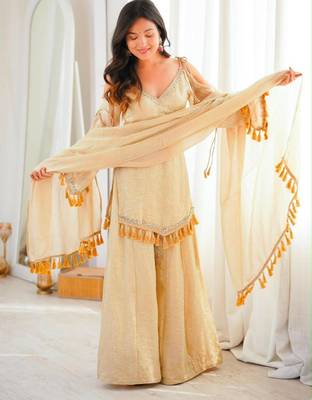 Beige silk blend lace palazzo set 1