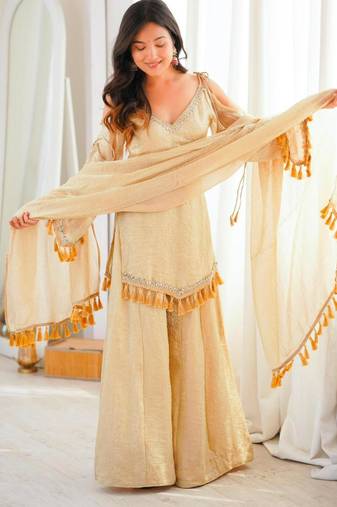 Beige silk blend lace palazzo set