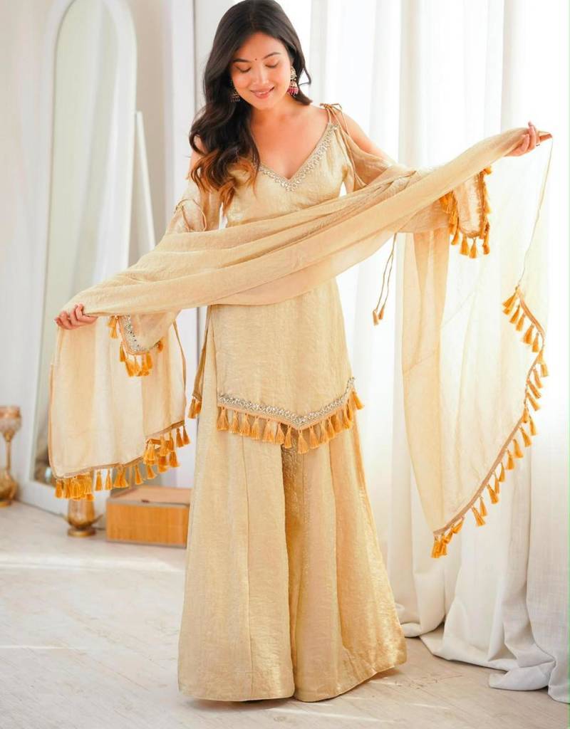 Beige silk blend lace palazzo set