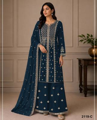 Dark-BLUE faux georgette embroidered palazzo set 1