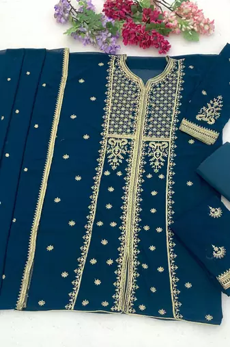 Dark-BLUE faux georgette embroidered palazzo set