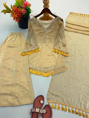 Beige silk blend lace palazzo set 3
