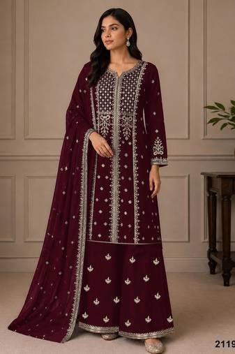 Maroon faux georgette embroidered palazzo set
