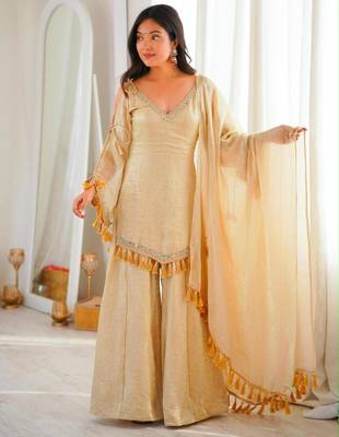 Beige silk blend lace palazzo set 4