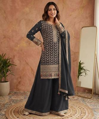 Black silk blend embroidered palazzo set 1