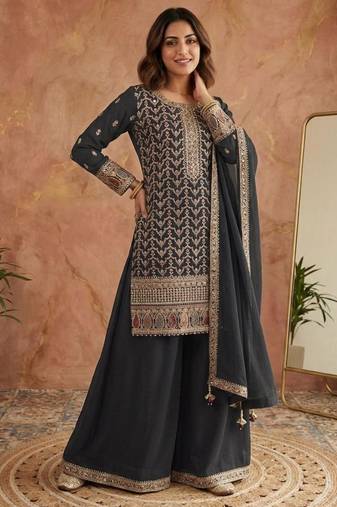 Black silk blend embroidered palazzo set