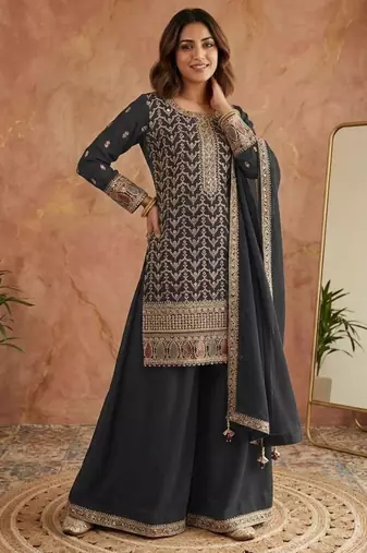 Black silk blend embroidered palazzo set