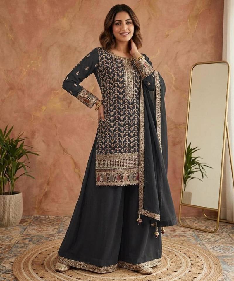 Black silk blend embroidered palazzo set