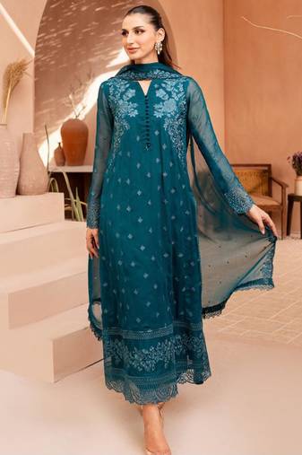 Teal-green georgette embroidered kurta set